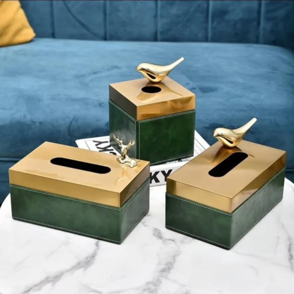 PU Leather Tissue Box with Gold Metal Lid
