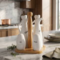 Porcelain Oil Vinegar Salt and Pepper Set with Bamboo Base