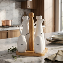 Porcelain Oil Vinegar Salt and Pepper Set with Bamboo Base