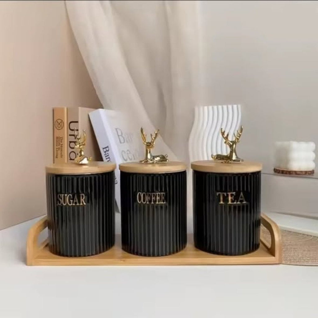 3pcs Ribbed Tea Coffee Sugar Canister