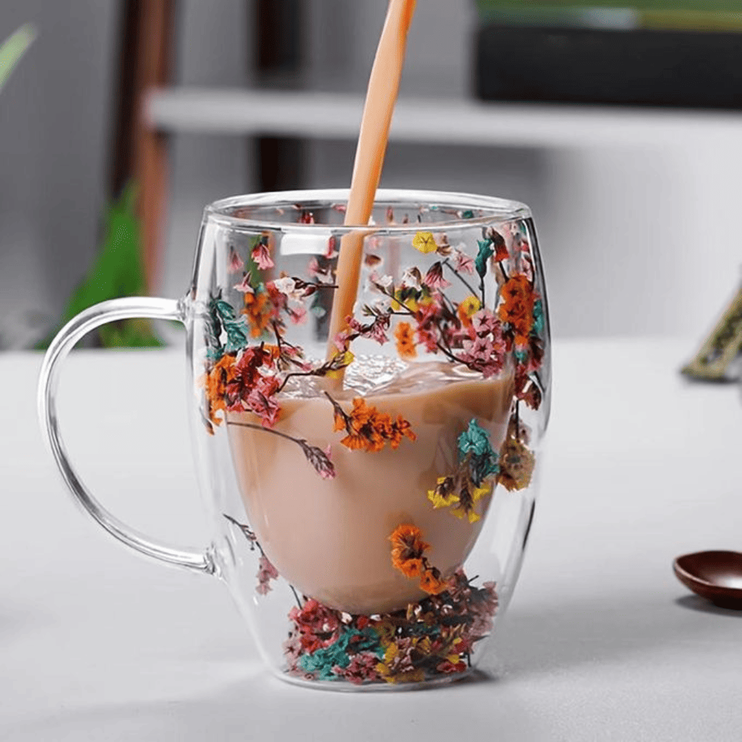 Insulated Double Wall Glass Cup with Dried Flower Design