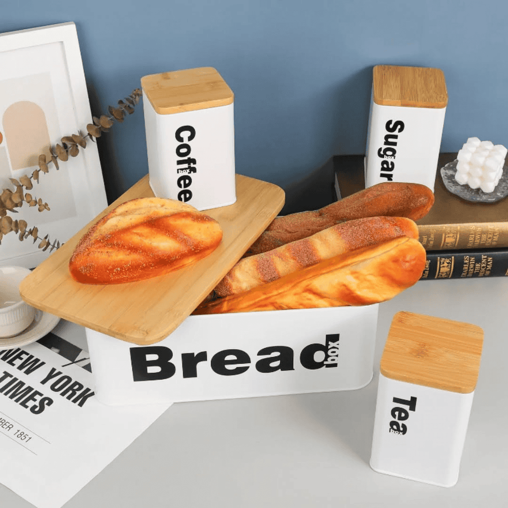 Bread Bin with Three Canister Set with Bamboo Lid