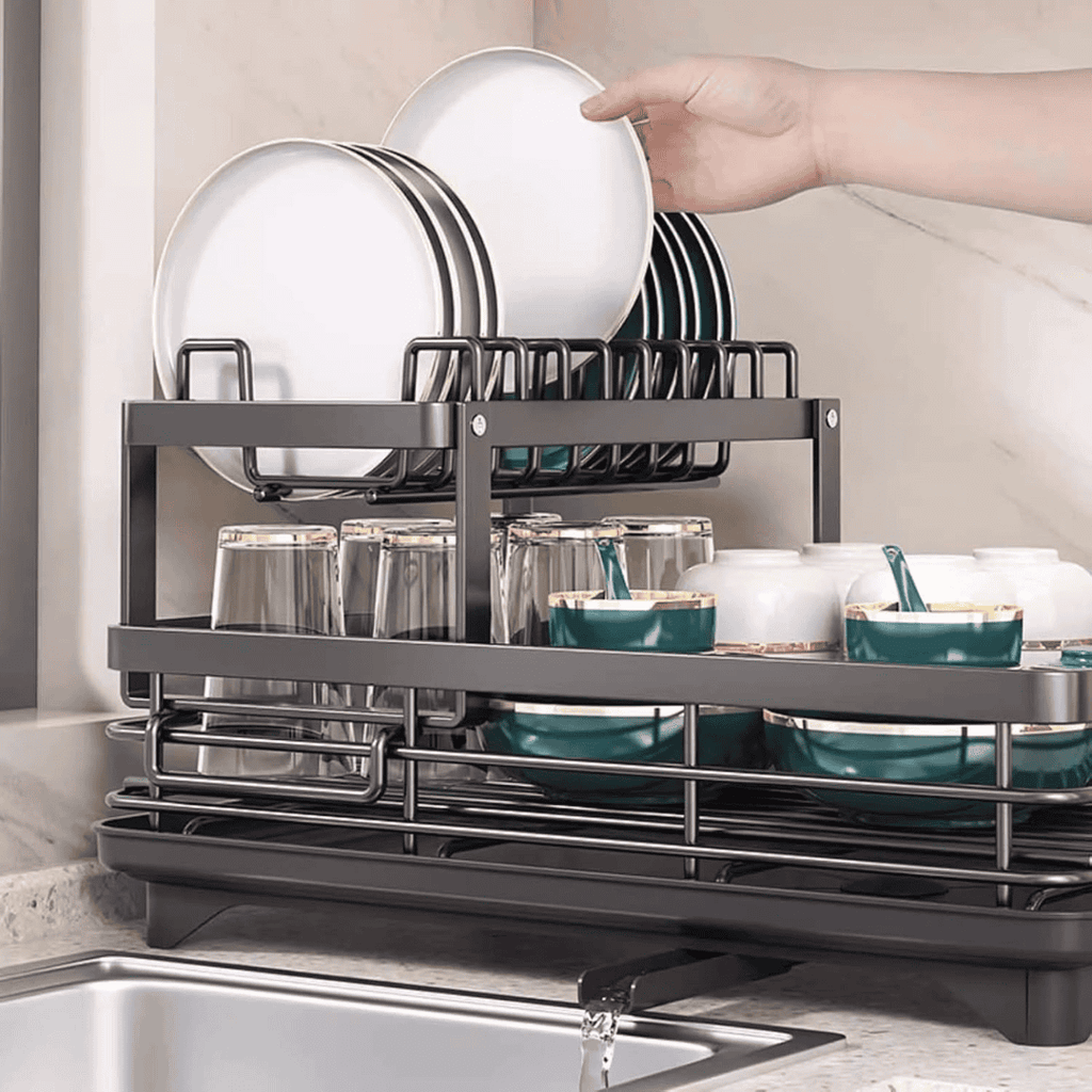 2-Tier Dish Rack with Cutlery and Chopping Board Holder