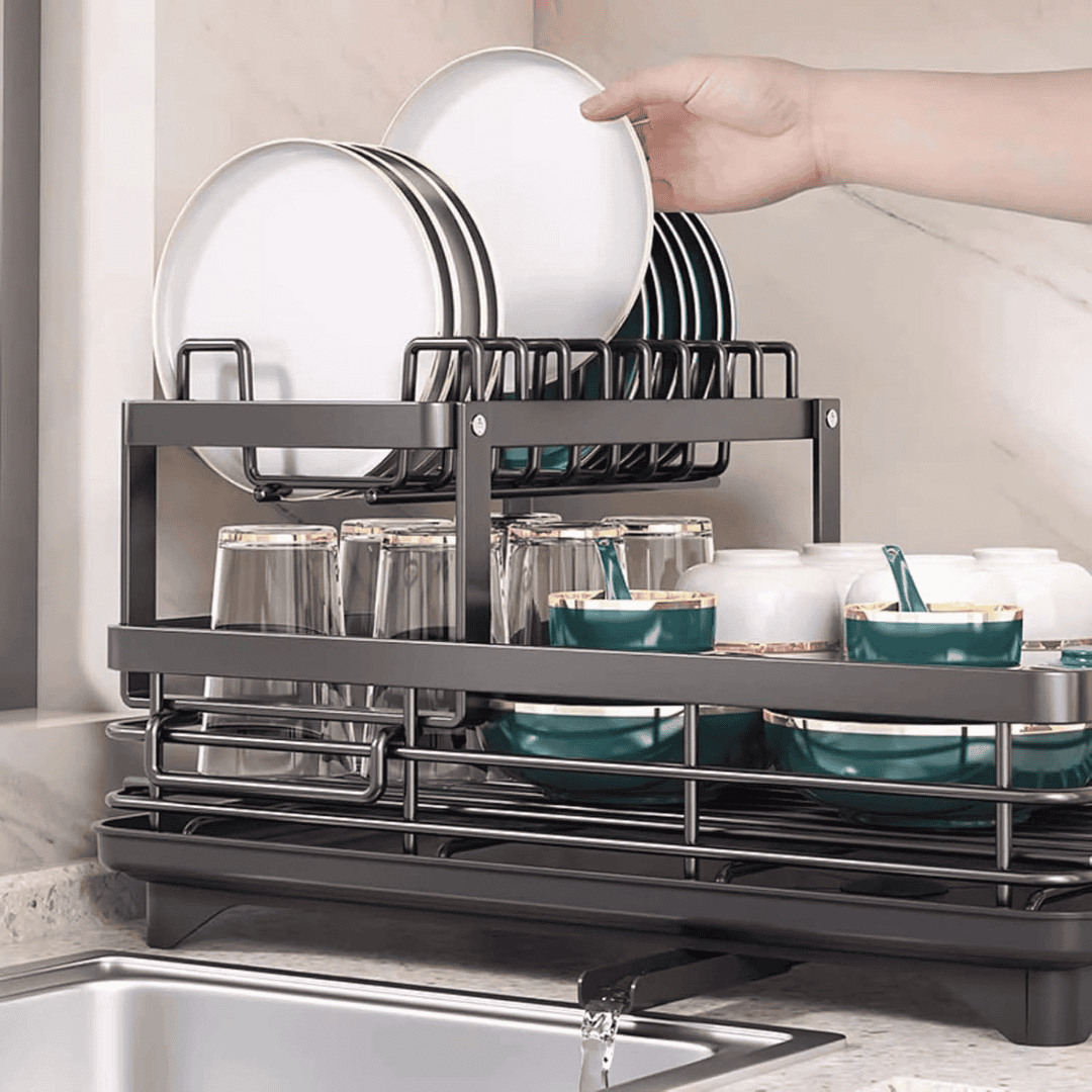2-Tier Dish Rack with Cutlery and Chopping Board Holder