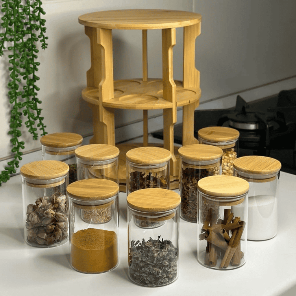 Rotating Bamboo Spice Rack with 10 Jars