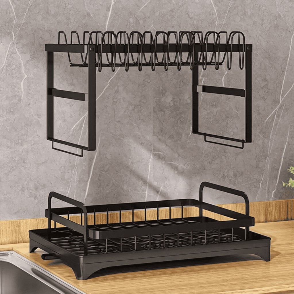 2-Tier Carbon Steel Dish Rack with Chopping Board and Spoon Holder