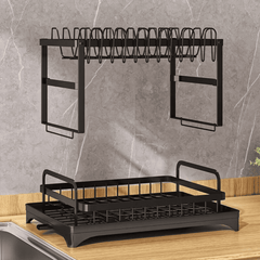 2-Tier Carbon Steel Dish Rack with Chopping Board and Spoon Holder
