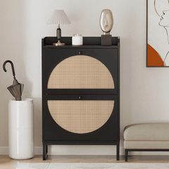 Rattan Wooden Black Bucket Flip Shoe Cabinet