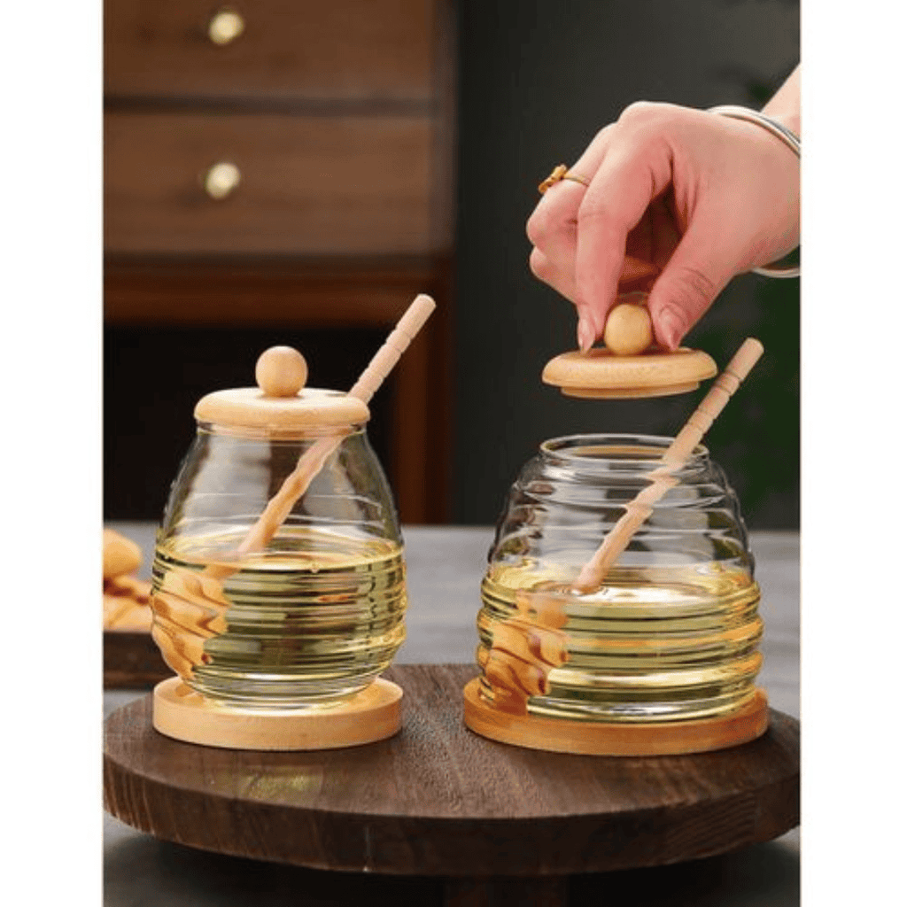 Transparent Honey Jar with Bamboo Dipper and Lid