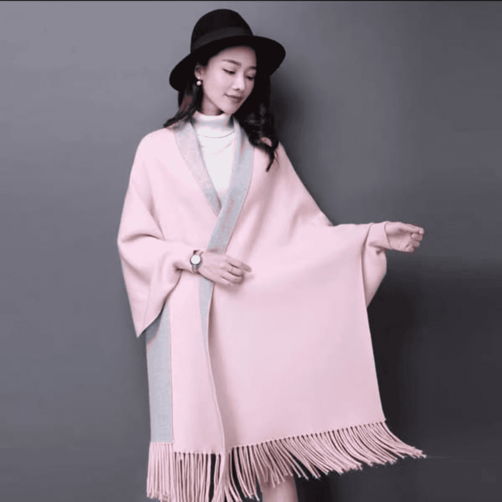 Plain Double Sided Long Sleeve Ponchos Shawls with Tassels