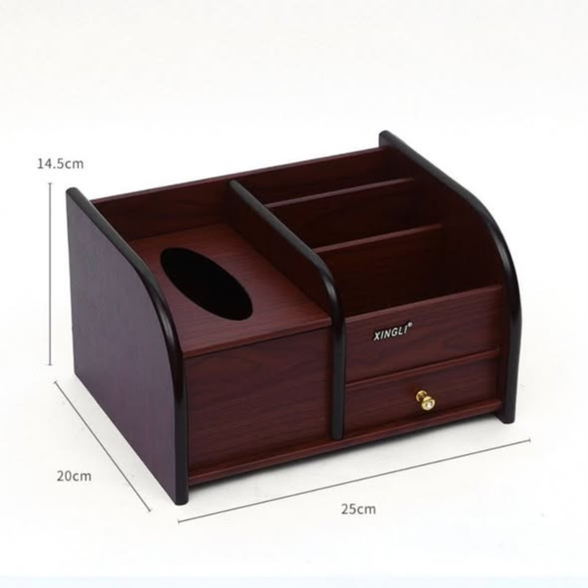 Wooden Desk Organizer with Inbuilt Tissue Box Compartment