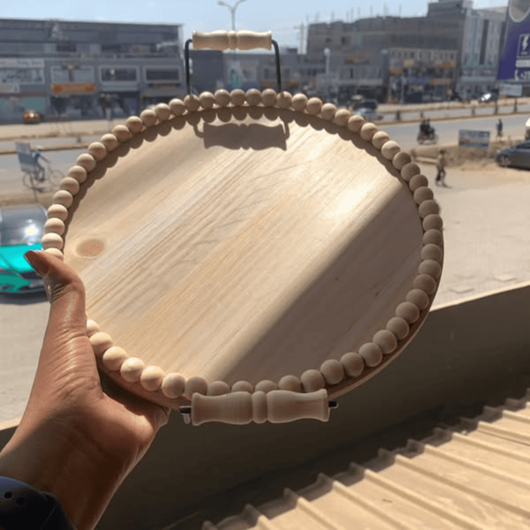 Rustic Wooden Round Beaded Tray