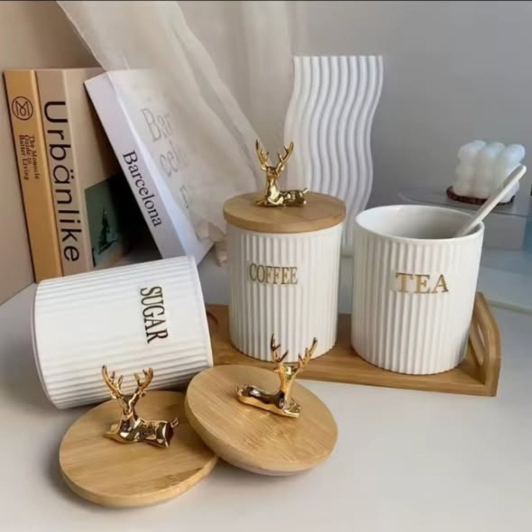 3pcs Ribbed Tea Coffee and Sugar Canisters