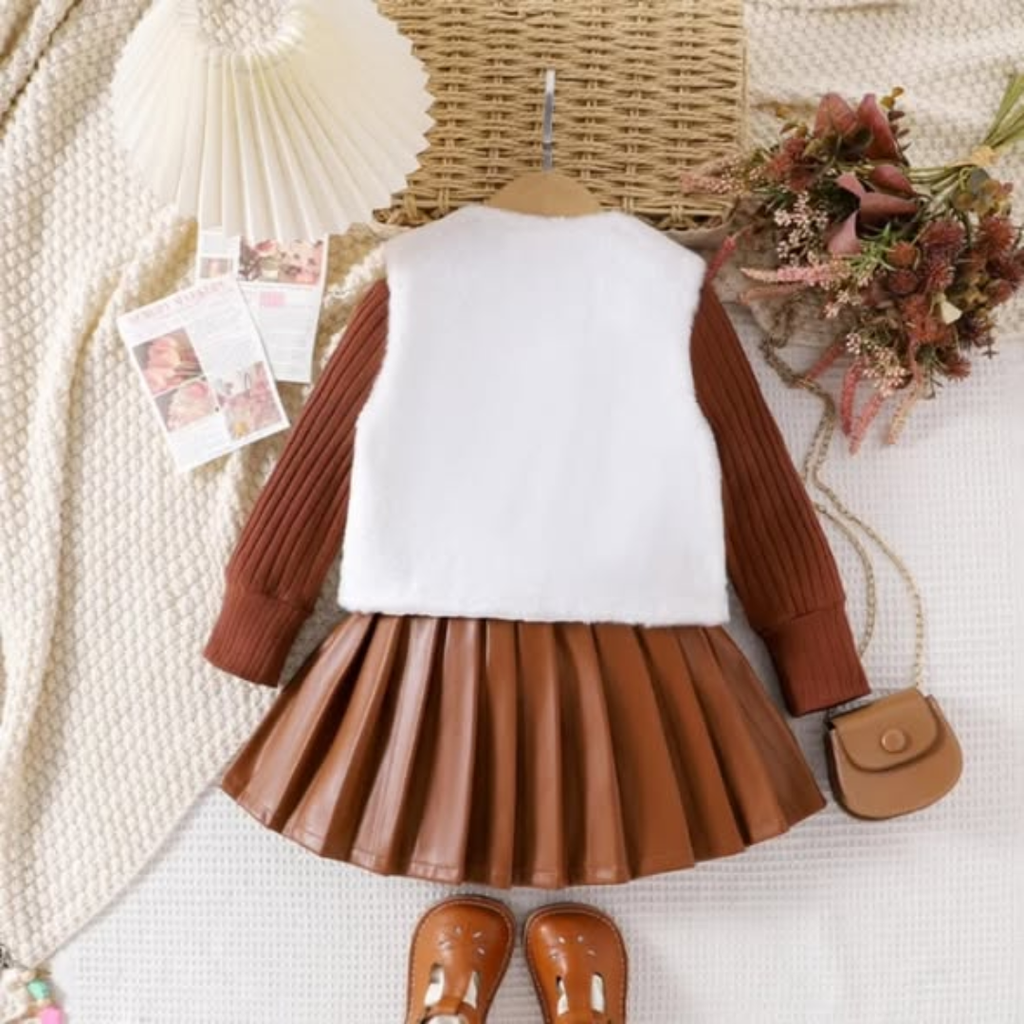 3pc quality girls pleated leather skirt set