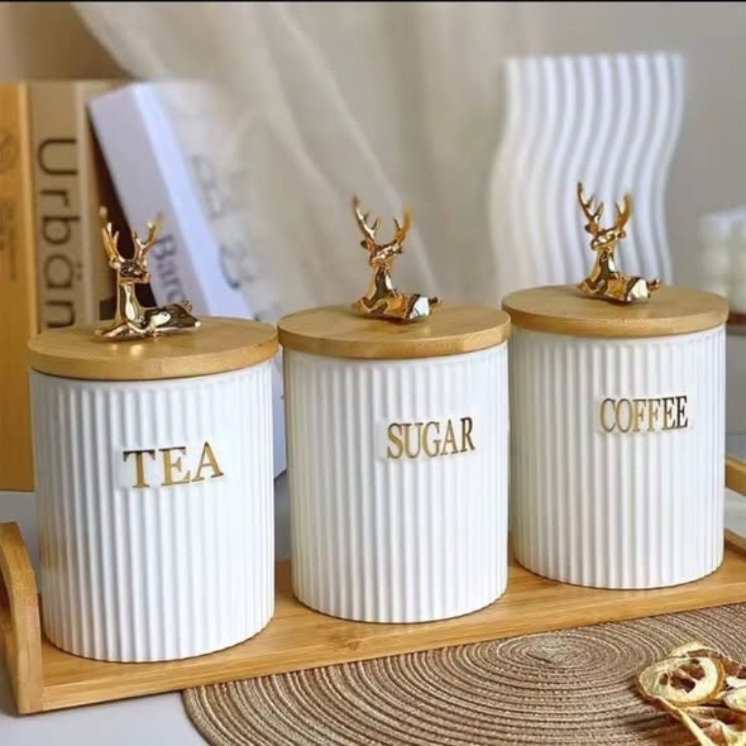 3pcs Ribbed Tea Coffee and Sugar Canisters