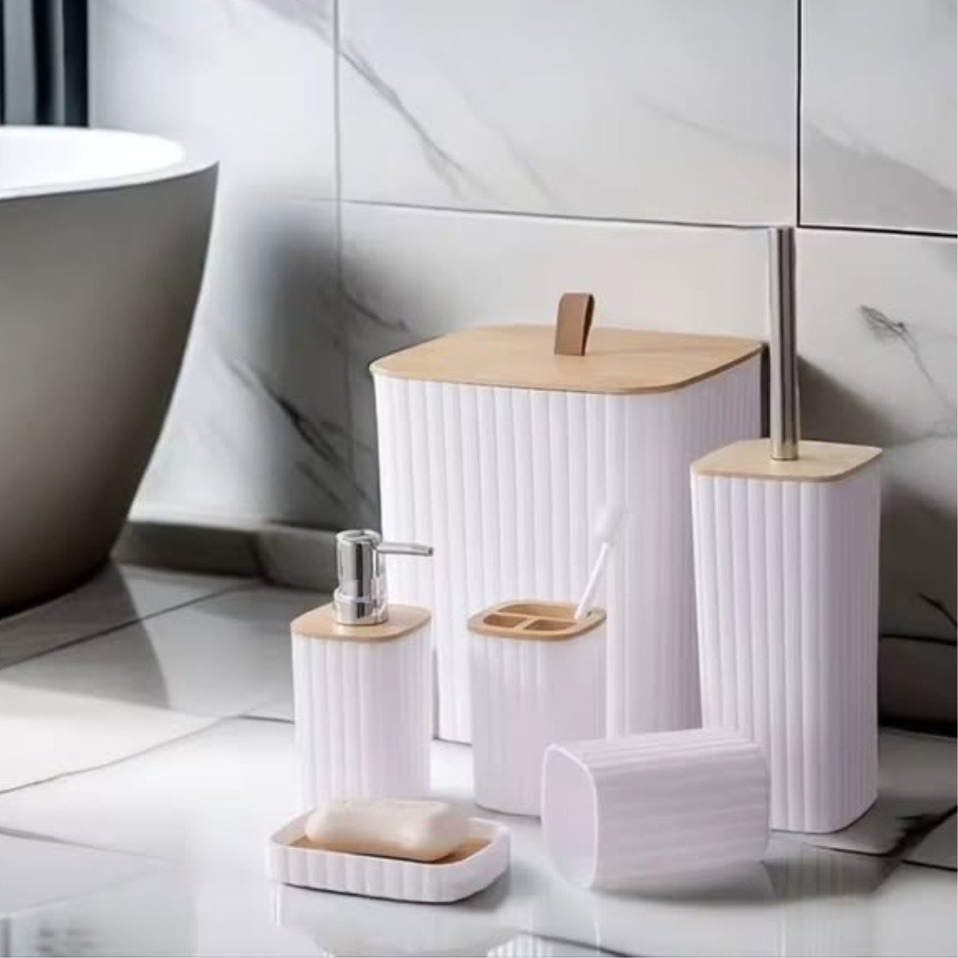 6 in 1 Bathroom Accessories Set with Wooden Top