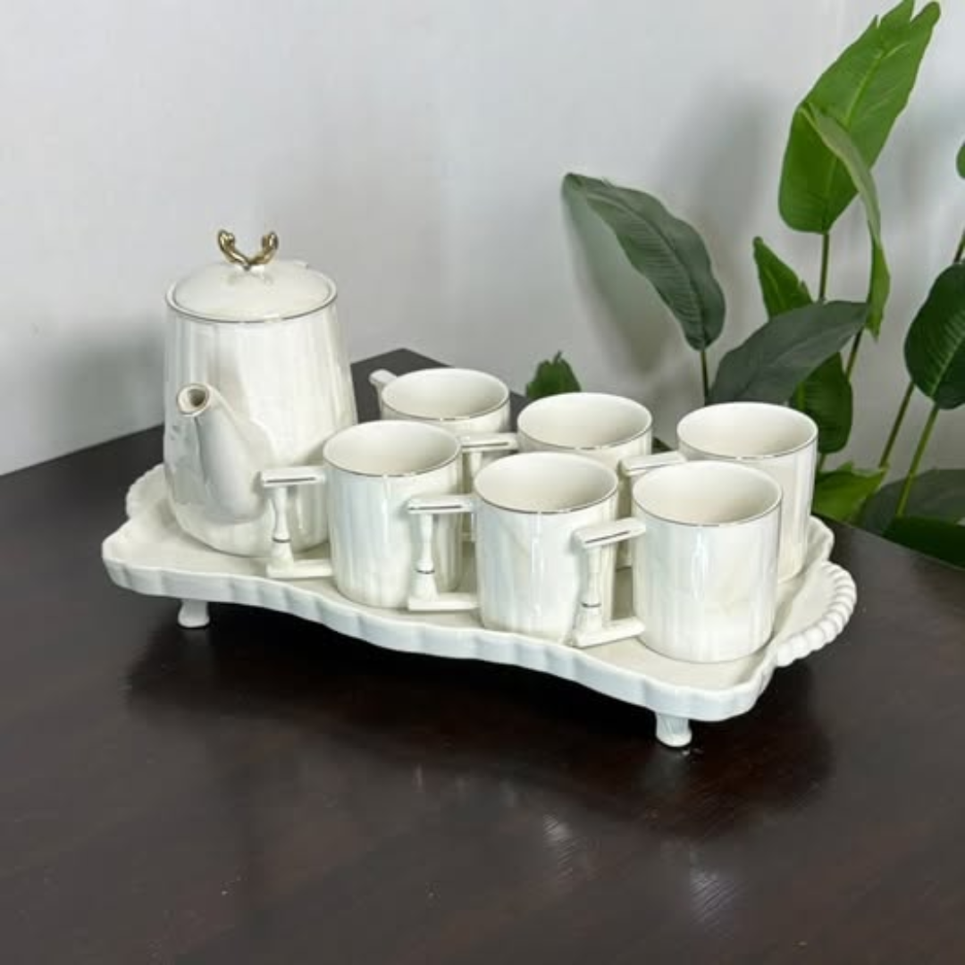 7pcs + Tray White Ribbed Tea Set