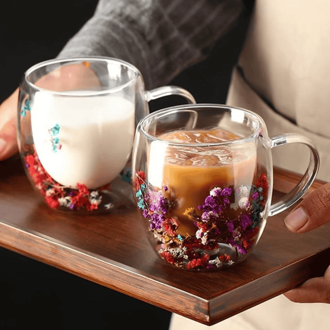 Insulated Double Wall Glass Cup with Dried Flower Design
