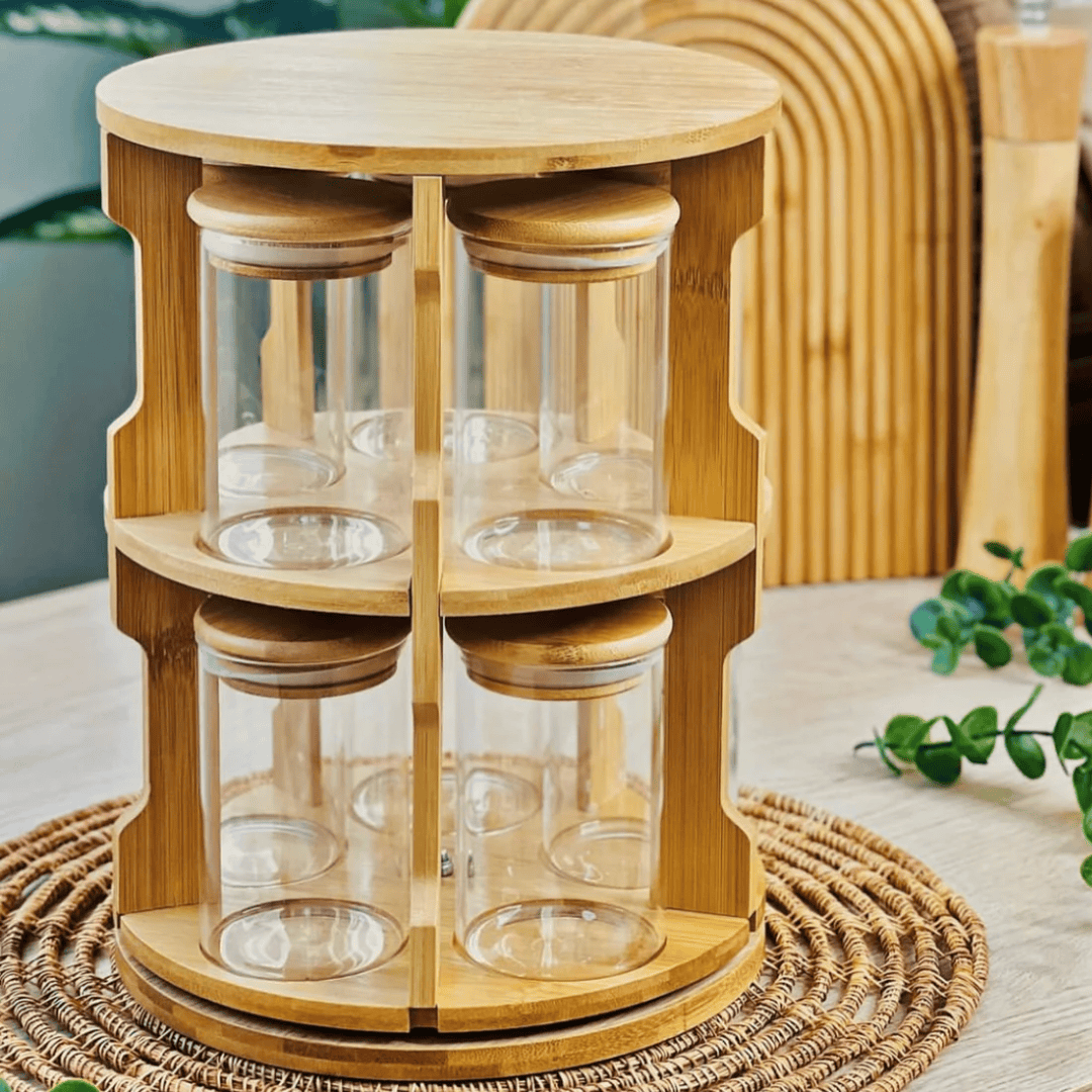 Rotating Bamboo Spice Rack with 10 Jars