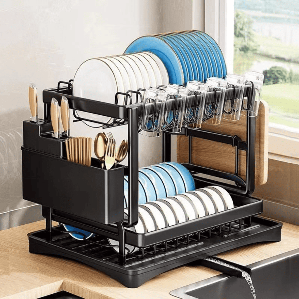 2-Tier Carbon Steel Dish Rack with Chopping Board and Spoon Holder