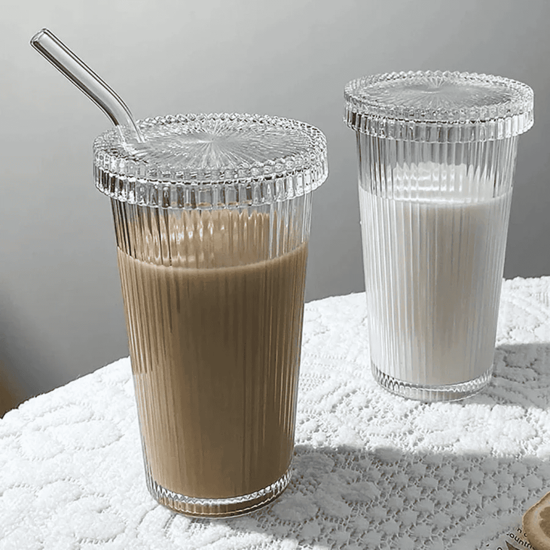 375ml Simple Stripe Glass Cup with Lid and Straw