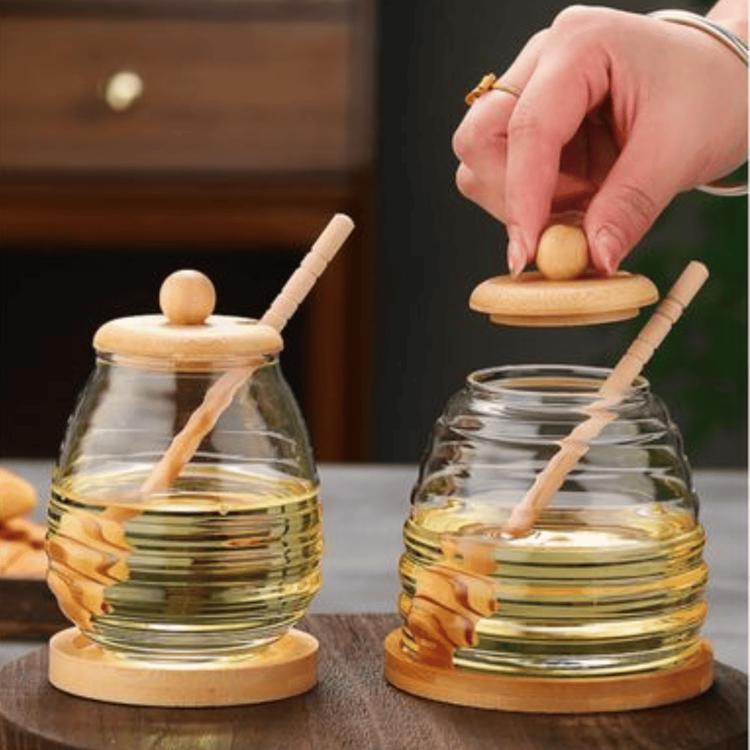 Transparent Honey Jar with Bamboo Dipper and Lid