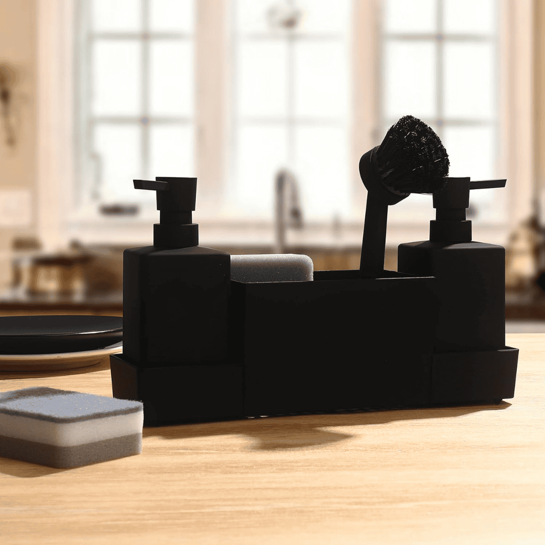 Matte Black Kitchen Soap Dispenser with Sponge Holder Set