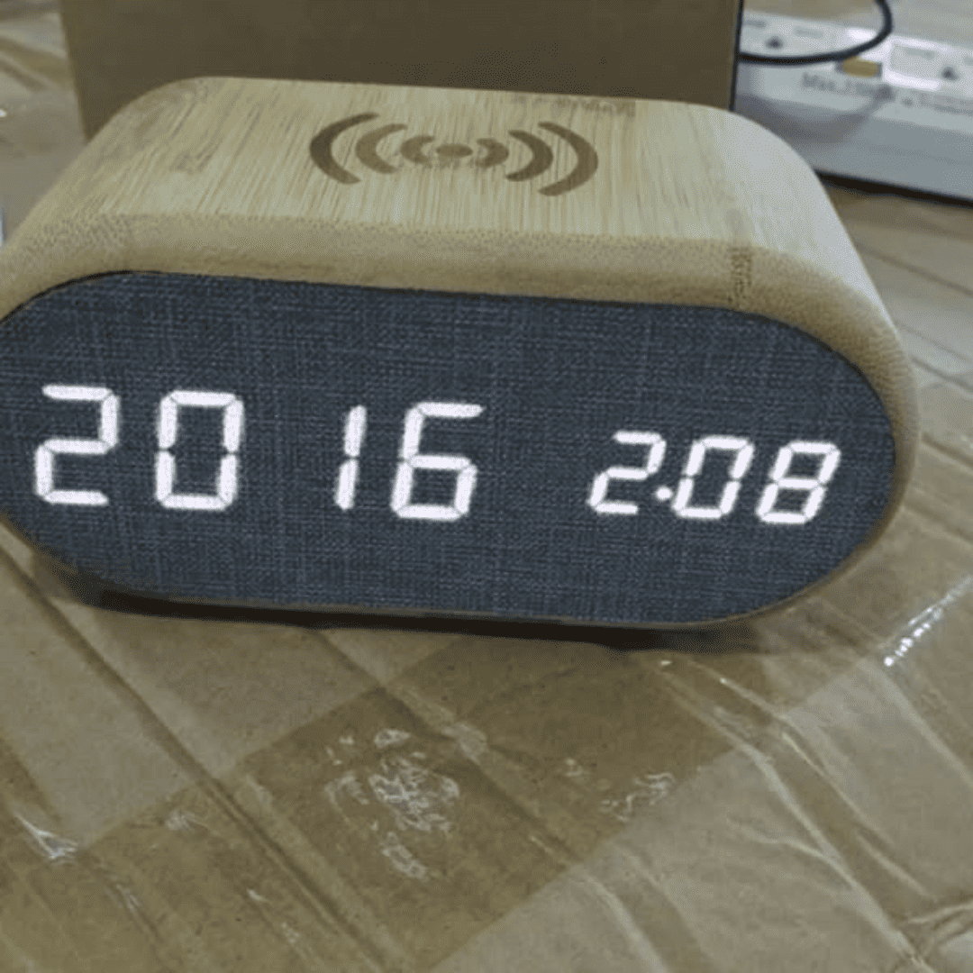 Wooden Digital Alarm Clock with Wireless Charging Display