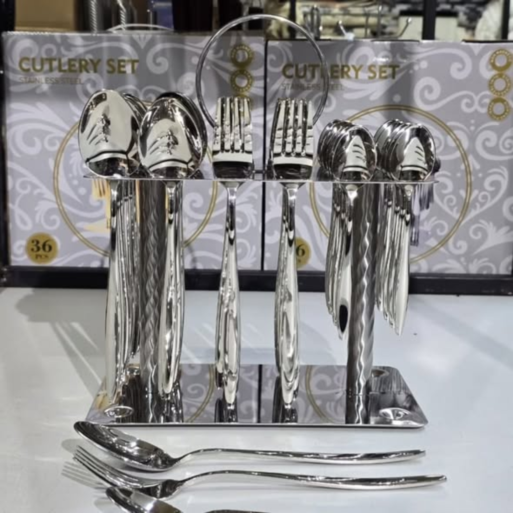 36Pcs Silver Cutlery Set with Unique Stand