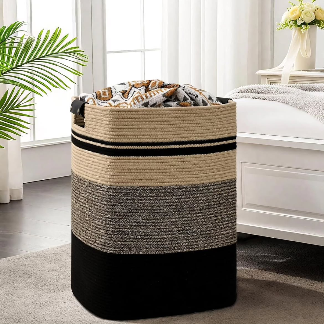 Cotton Rope Woven Laundry Hamper with Leather Handles