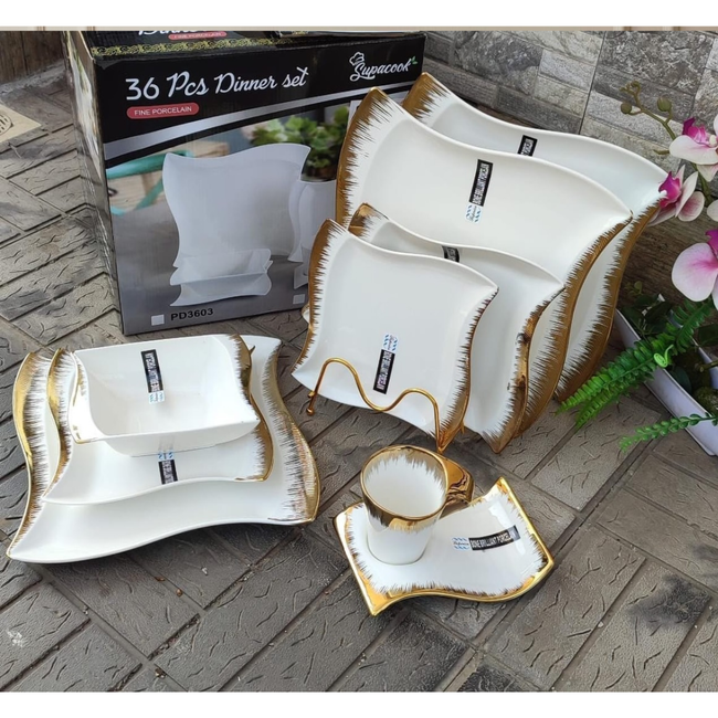 36pcs Porcelain Dinner Set with Gold Rim