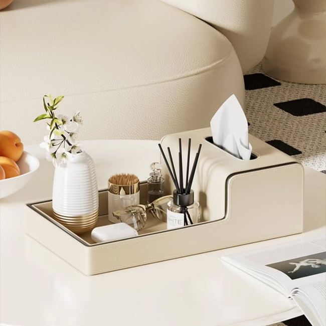 Leather Tissue Box with Integrated Storage Tray