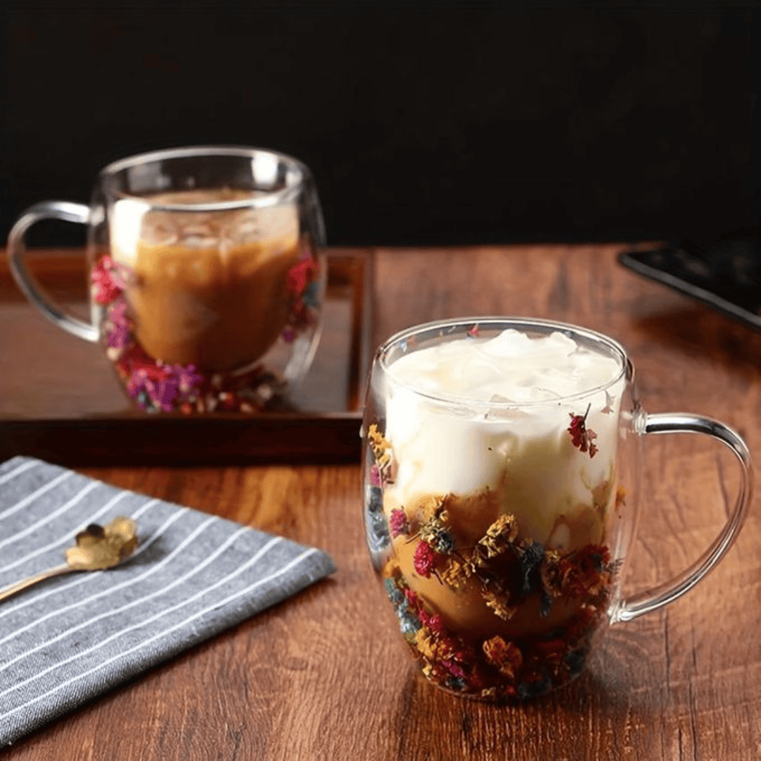 Insulated Double Wall Glass Cup with Dried Flower Design