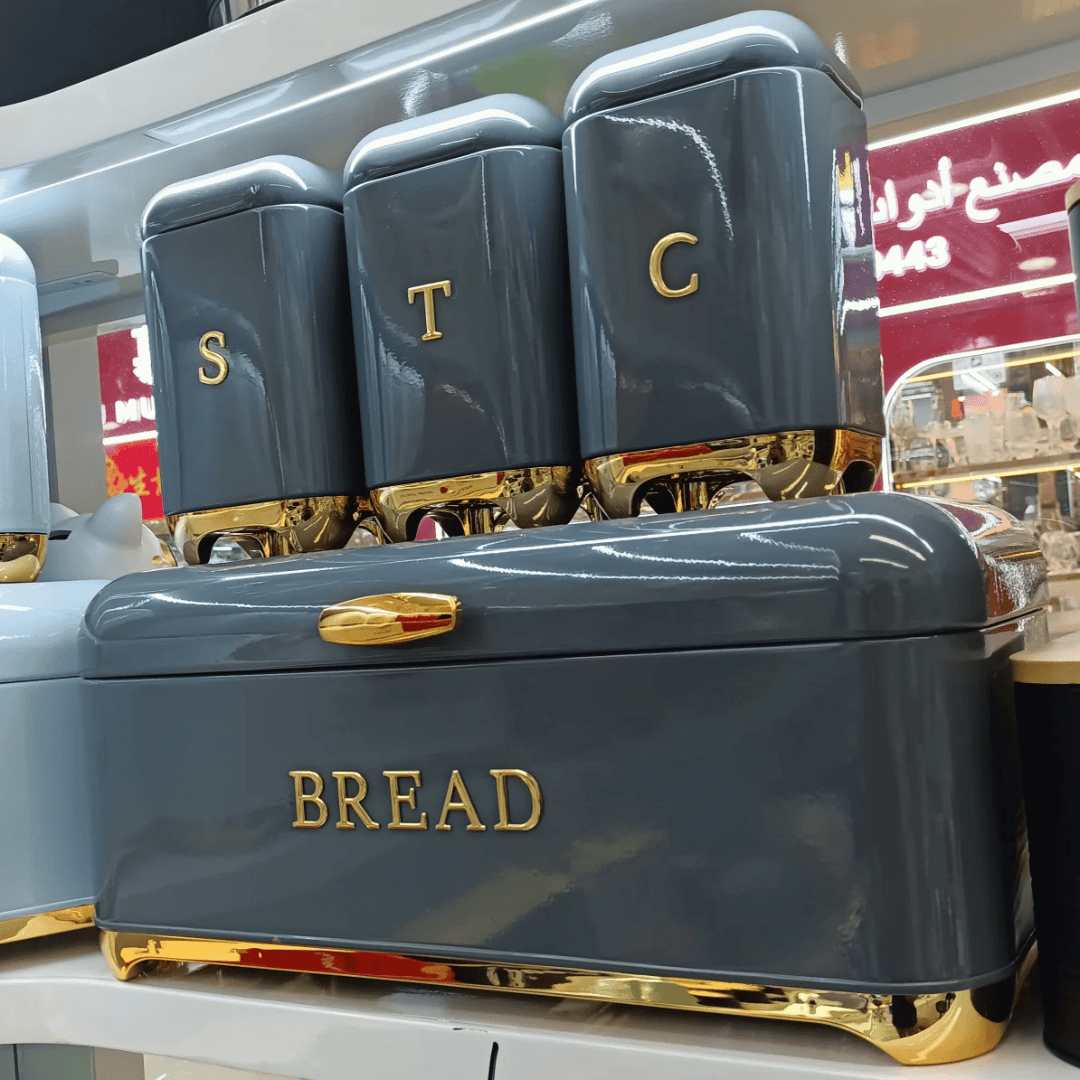 Bread Bin with Three Canister Set with Touch of Gold