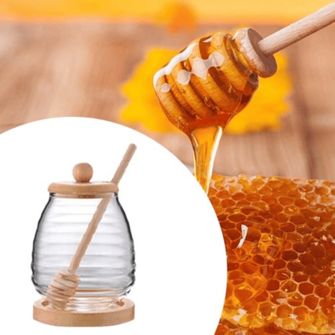 Transparent Honey Jar with Bamboo Dipper and Lid