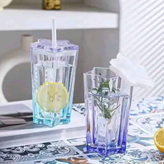 Pentagonal Glass Tumbler with Straw