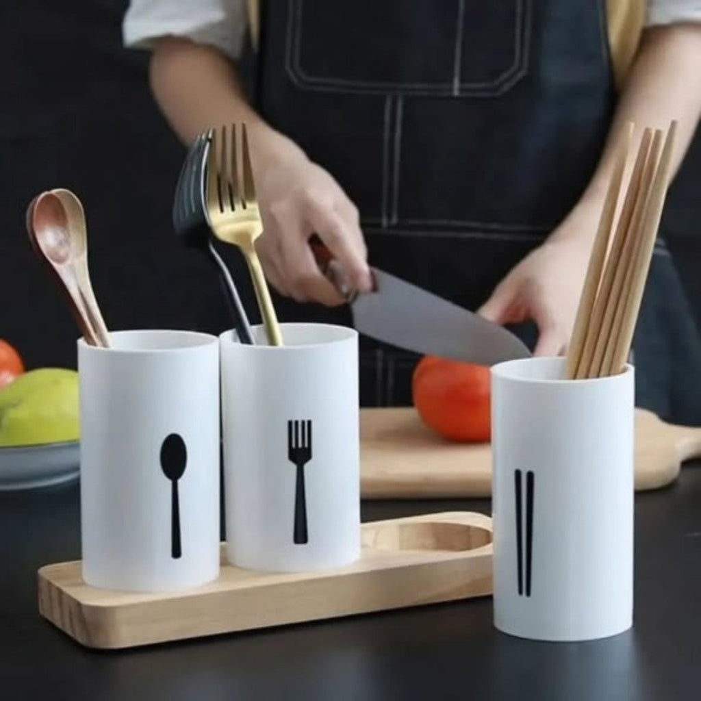 3pc Cutlery Organizer with Oak Base