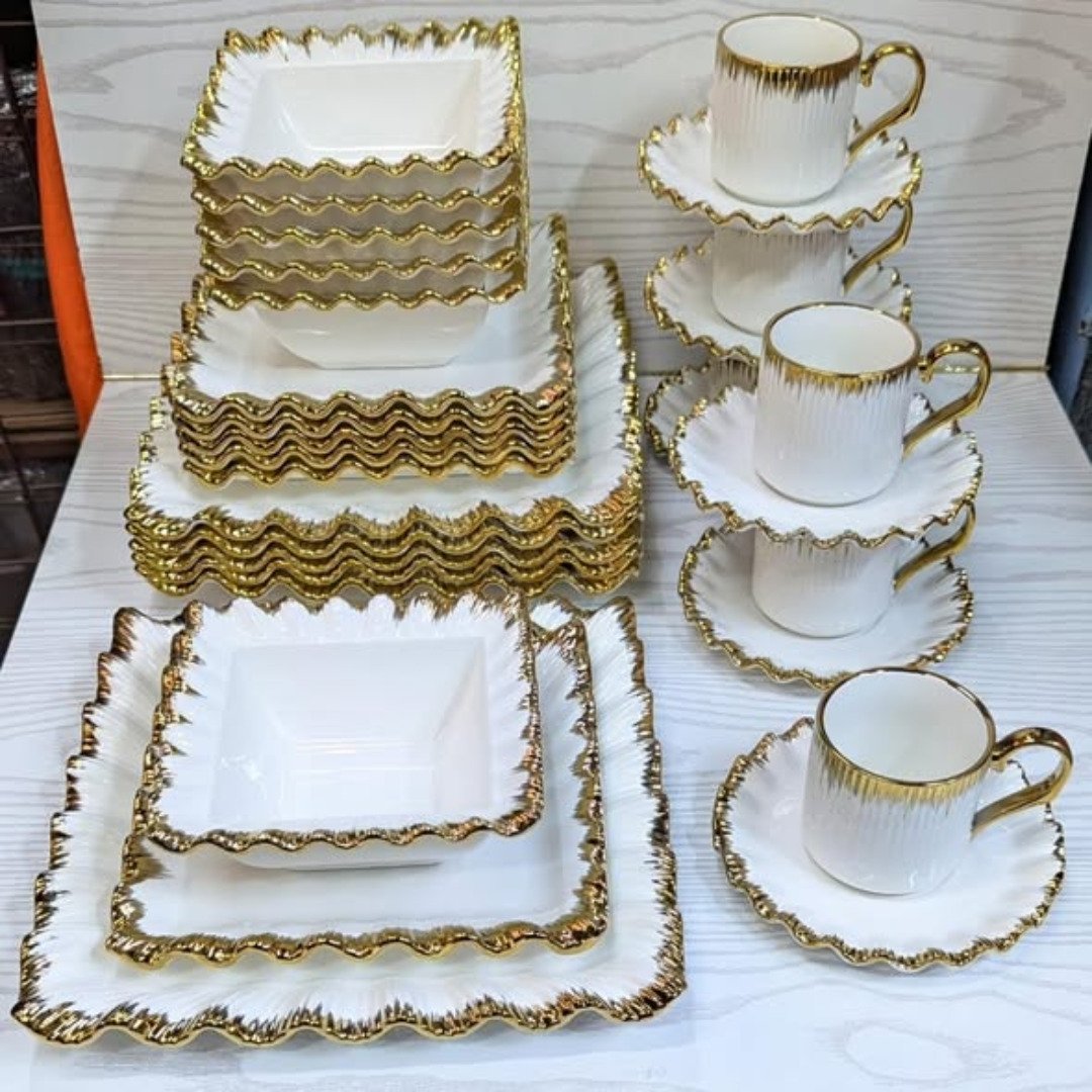 30pcs ceramic squared dinner set with gold rim