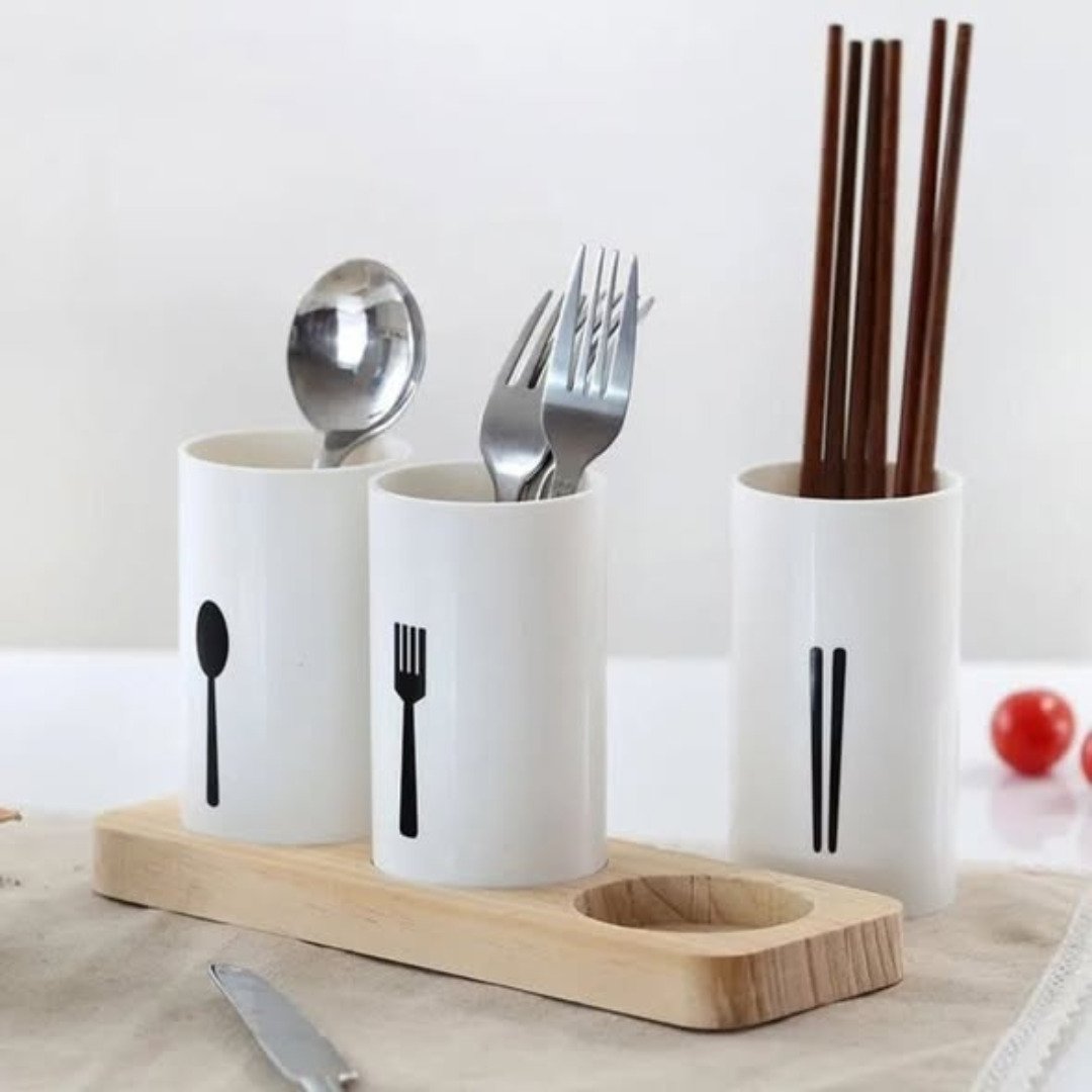 3pc Cutlery Organizer with Oak Base