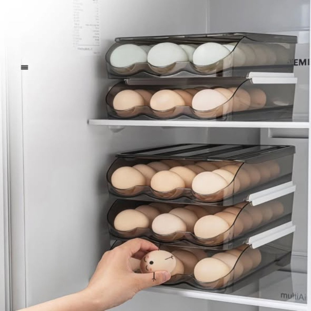 2 Layer Stackable Automatic Rolling Fridge Egg Organizer