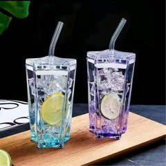 Pentagonal Glass Tumbler with Straw
