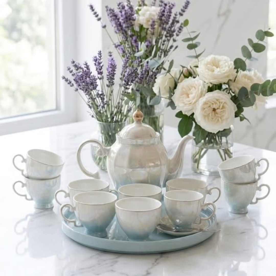 9pc Opal Glow Blue Tea Set
