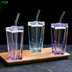 Pentagonal Glass Tumbler with Straw