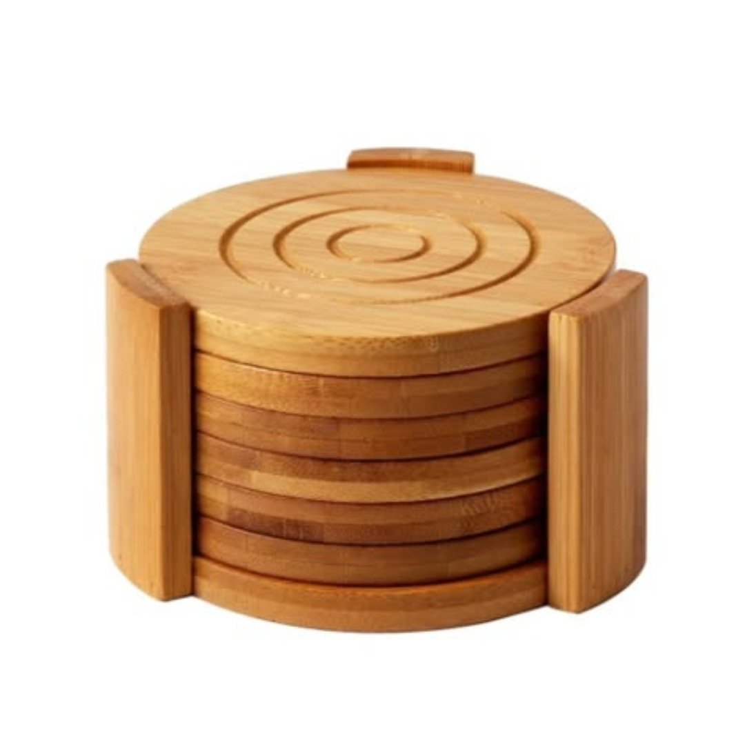 6PCS Round Bamboo Coaster Set