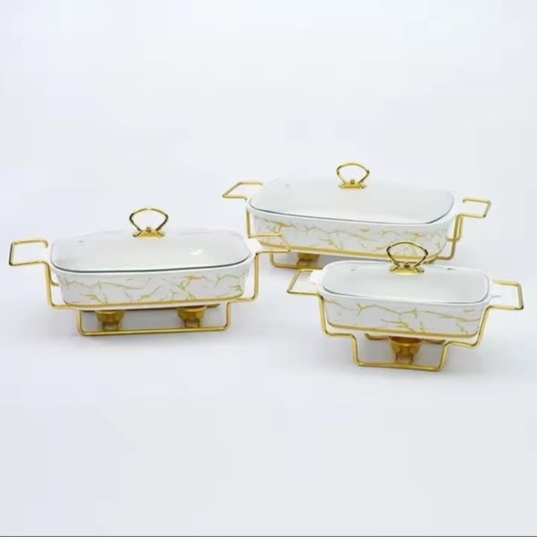 3pcs White Gold Ceramic Chaffing Dish