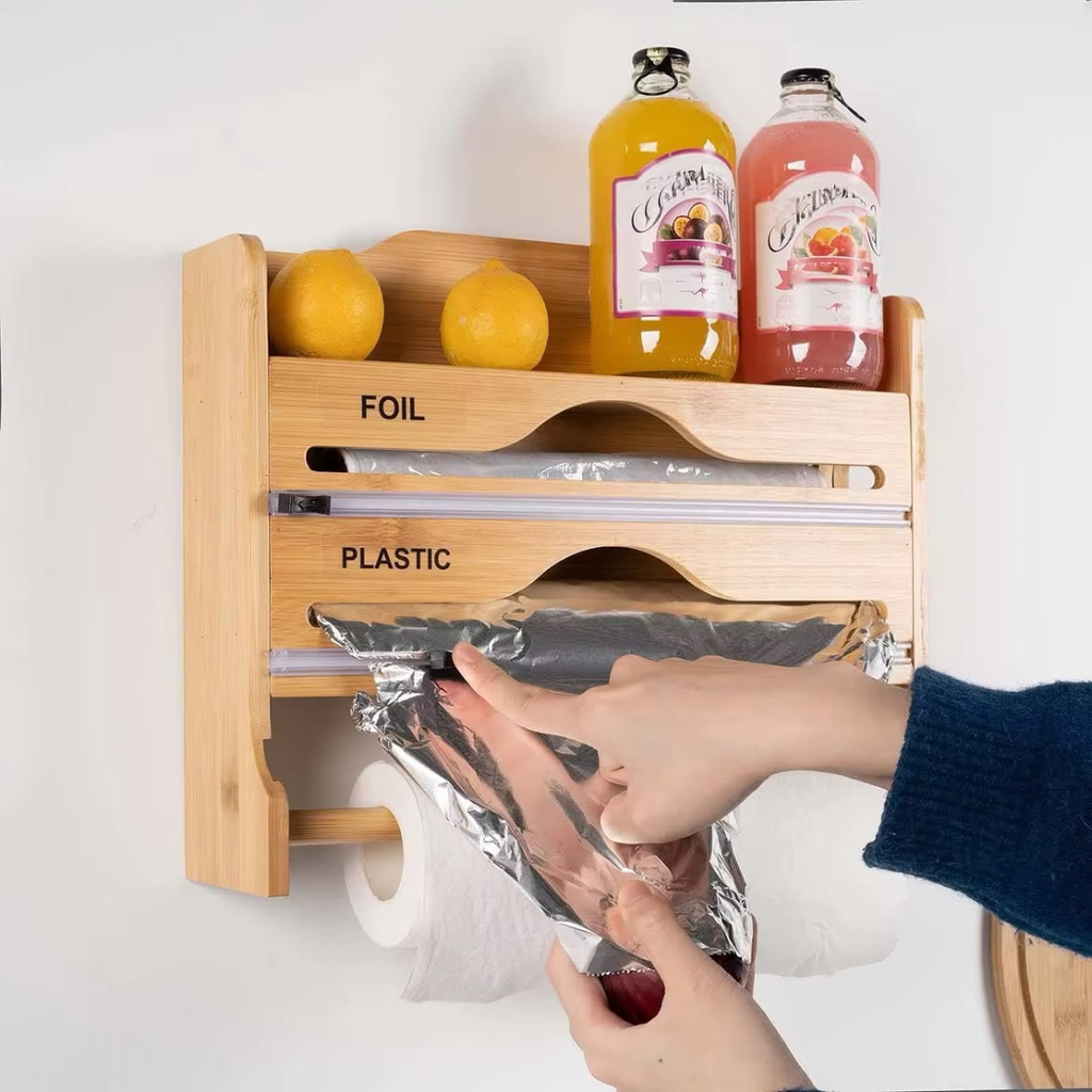 3-in-1 Bamboo Wrap Dispenser and Paper Towel Holder