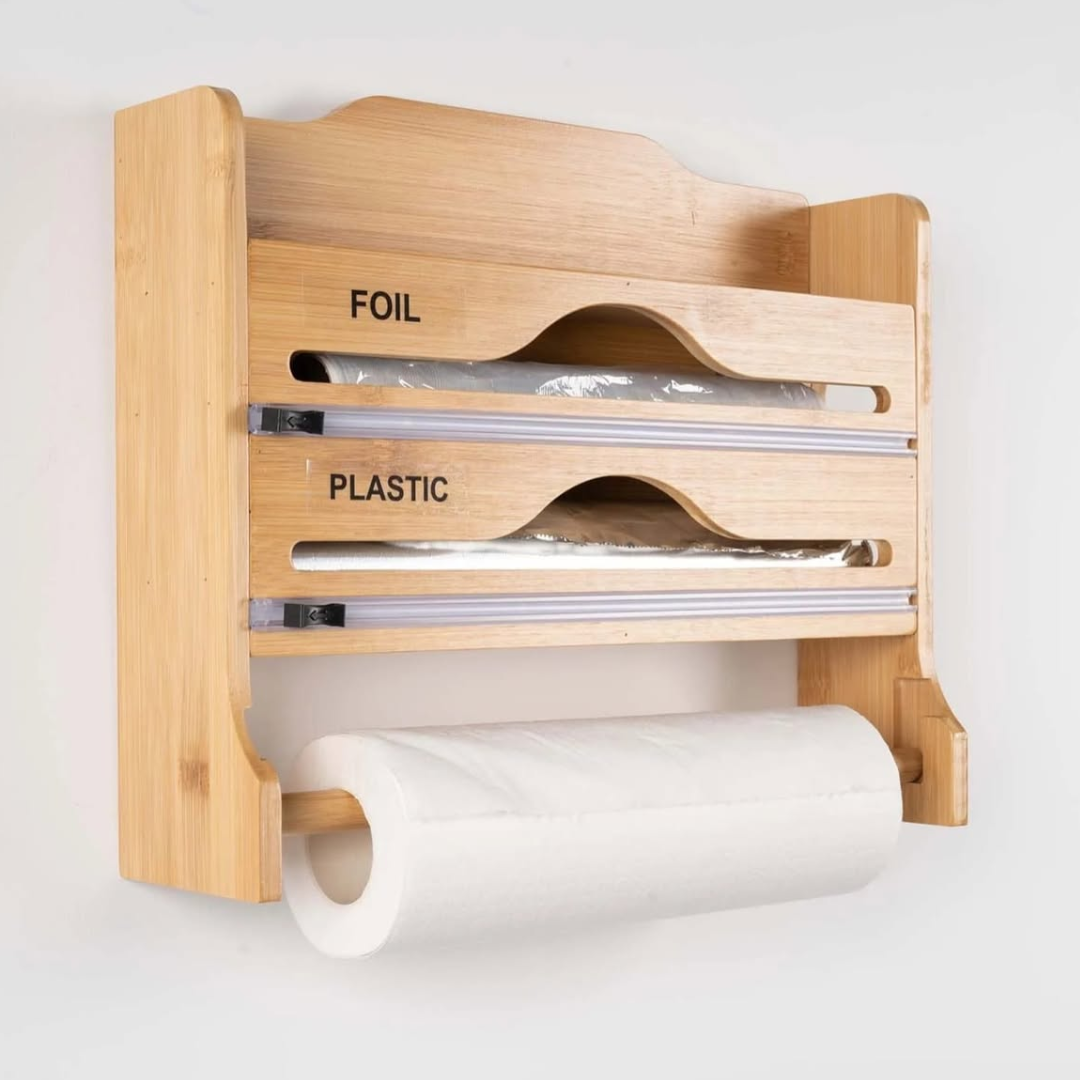 3-in-1 Bamboo Wrap Dispenser and Paper Towel Holder