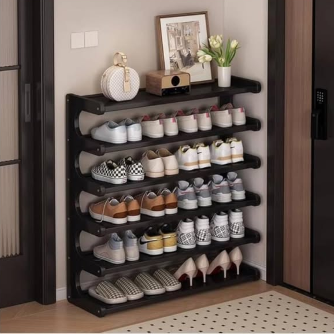 Black Slim 6-Tier Bamboo Shoe Rack