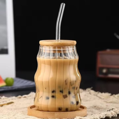 1Pc Textured Glass Bamboo Lid Tumbler