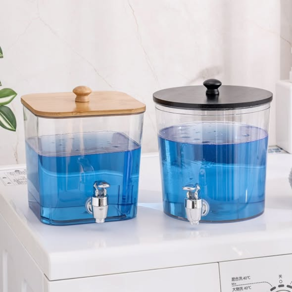 Acrylic Laundry Detergent Dispenser with Bamboo Lid and Tap